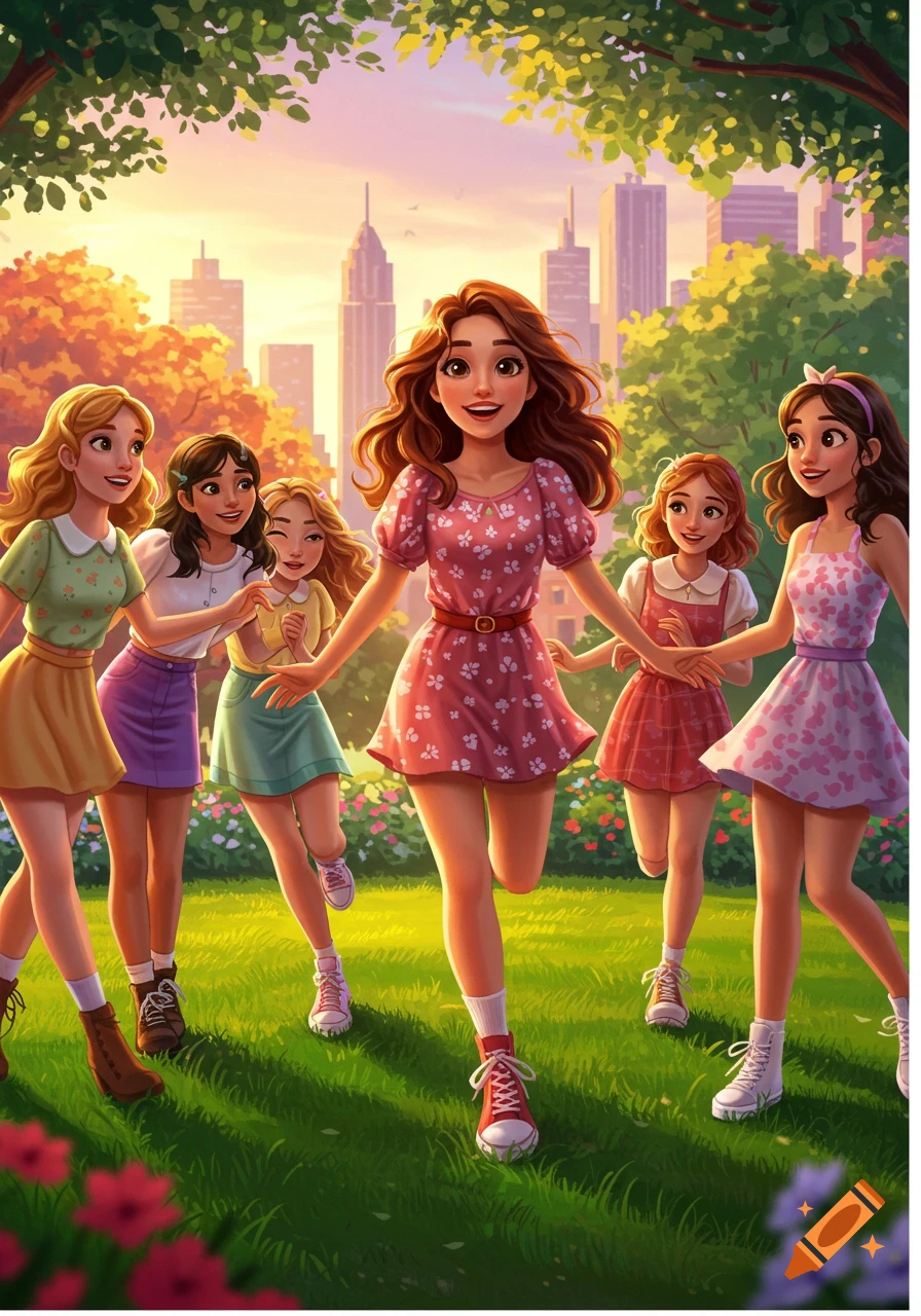 An illustration of six smiling young women running through a vibrant green park at sunset, with a city skyline in the background.