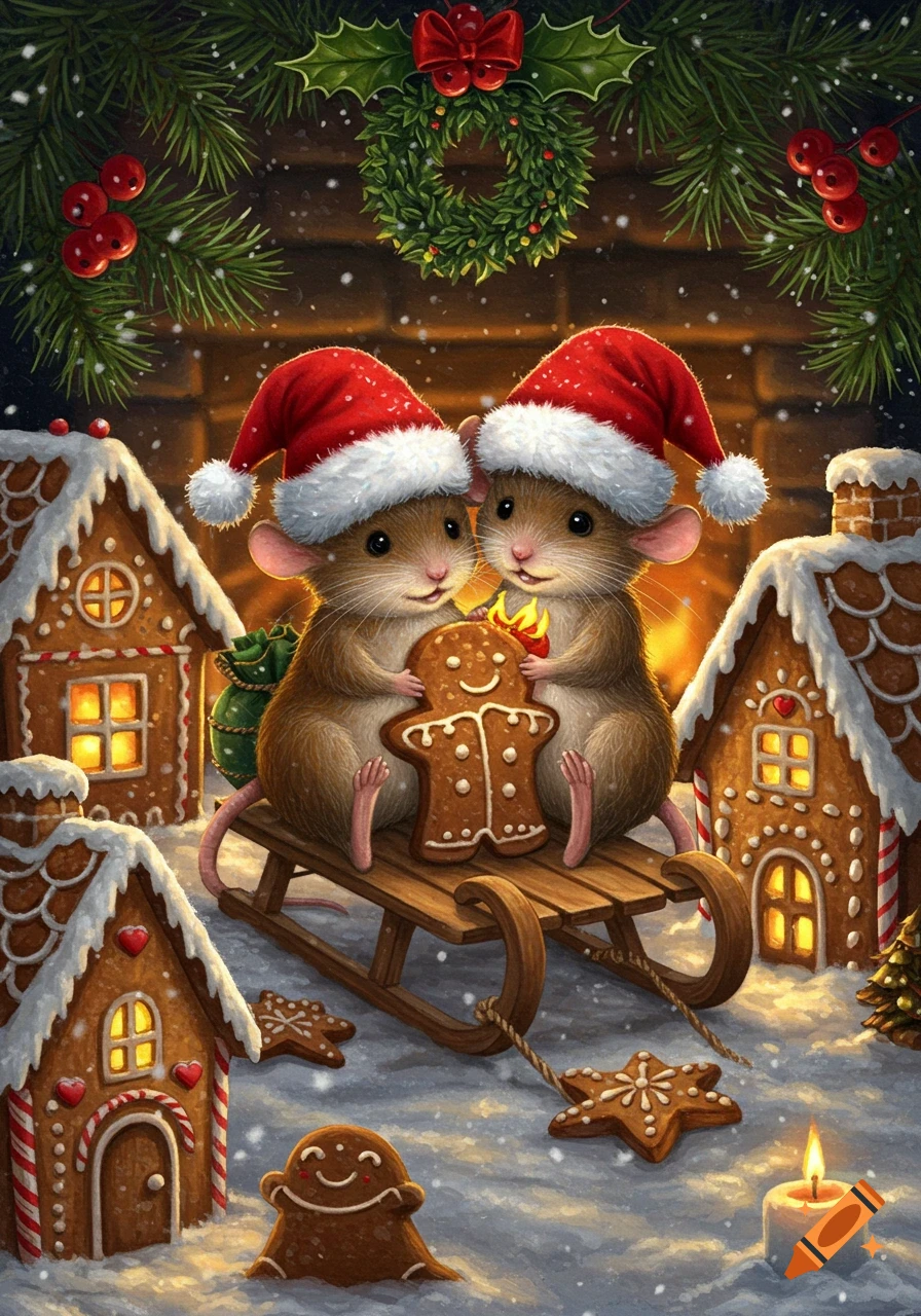 Illustration of two cute mice in Santa hats on a sleigh with a gingerbread man in a snowy Christmas village.