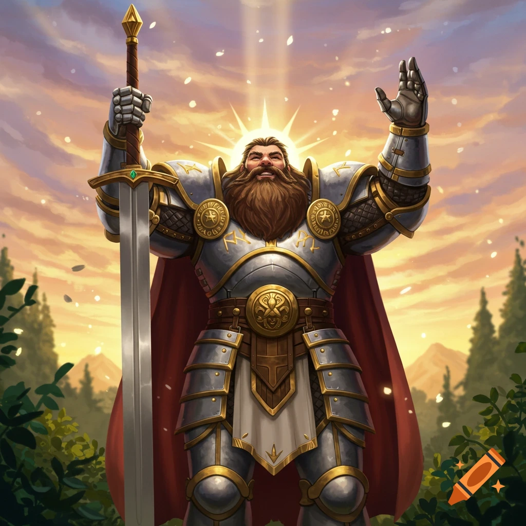 A happy, muscular, bearded paladin in shining armor holds a sword and raises a hand to the heavens, bathed in golden light at sunset.