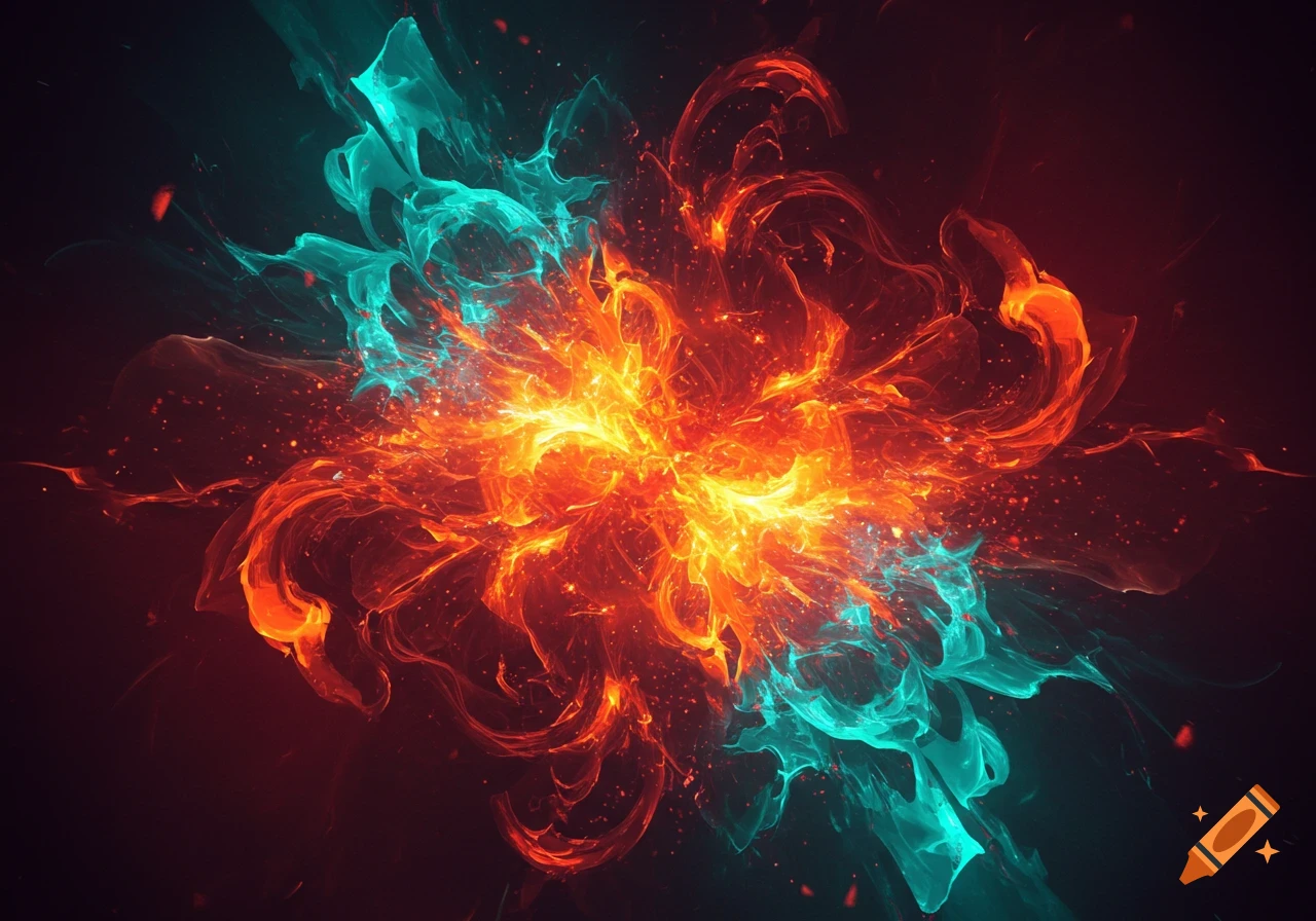 Abstract art of swirling red-orange flames and bright teal smoke exploding outward on a dark background.