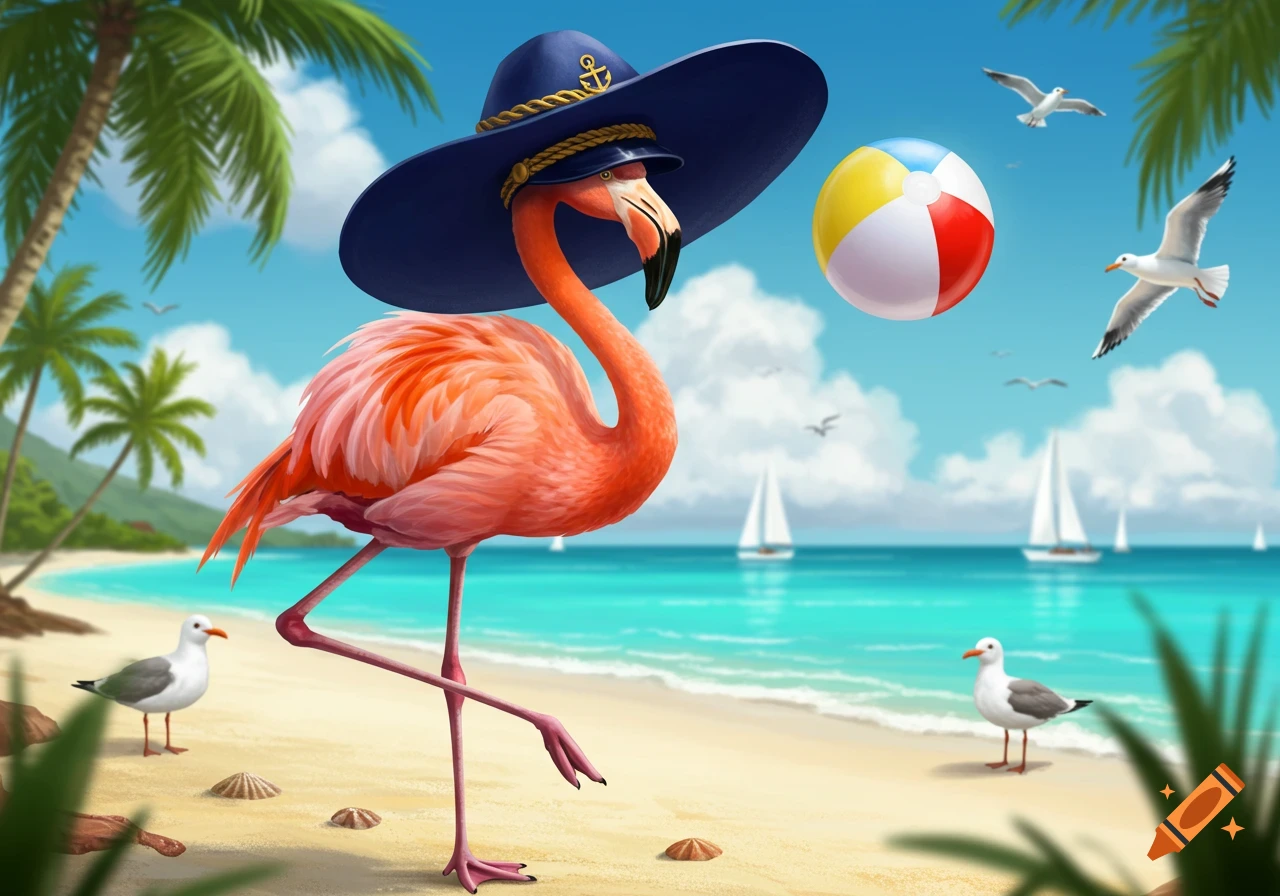 A cartoon flamingo wearing a captain's hat stands on a sunny tropical beach with seagulls, palm trees, and sailboats. A colorful beach ball floats near it.