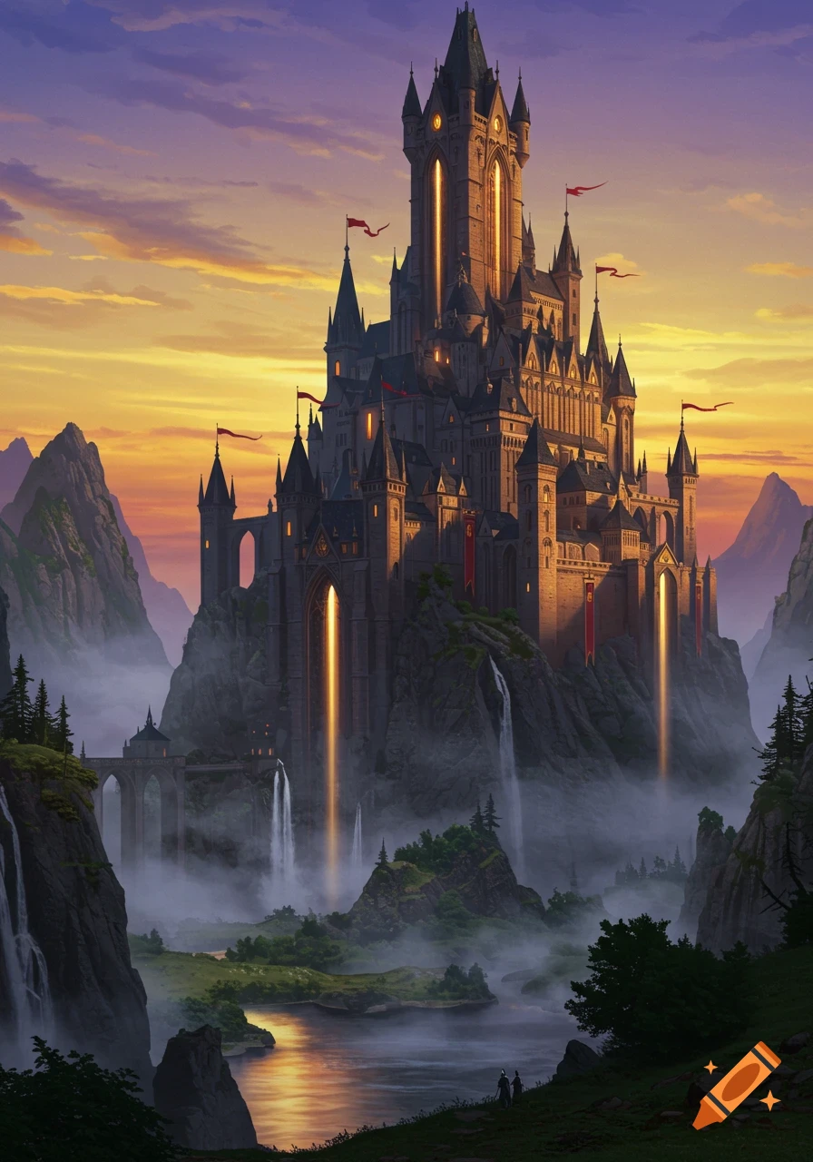 A majestic fantasy castle on a mountain, glowing at sunset, surrounded by waterfalls, mist, and a reflective river.