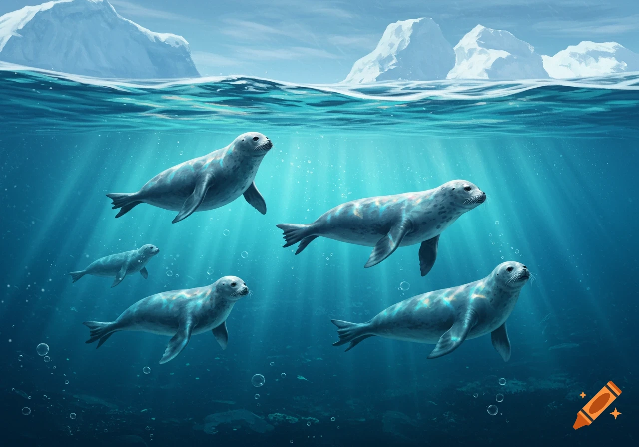 Five seals swim gracefully underwater with sun rays piercing the surface, beneath a horizon of icebergs and a clear sky.