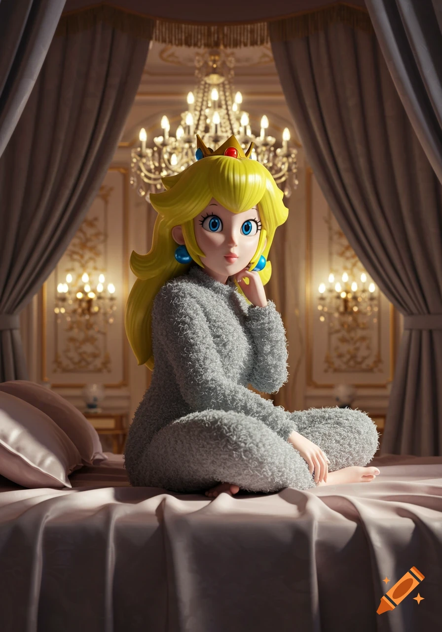 3D render of Princess Peach in a gray fluffy onesie, sitting cross-legged on a bed in a luxurious room with chandeliers.
