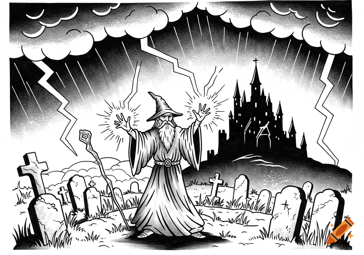 A black and white outline tattoo-style drawing of a wizard casting lightning in a graveyard with a dark castle and stormy sky.