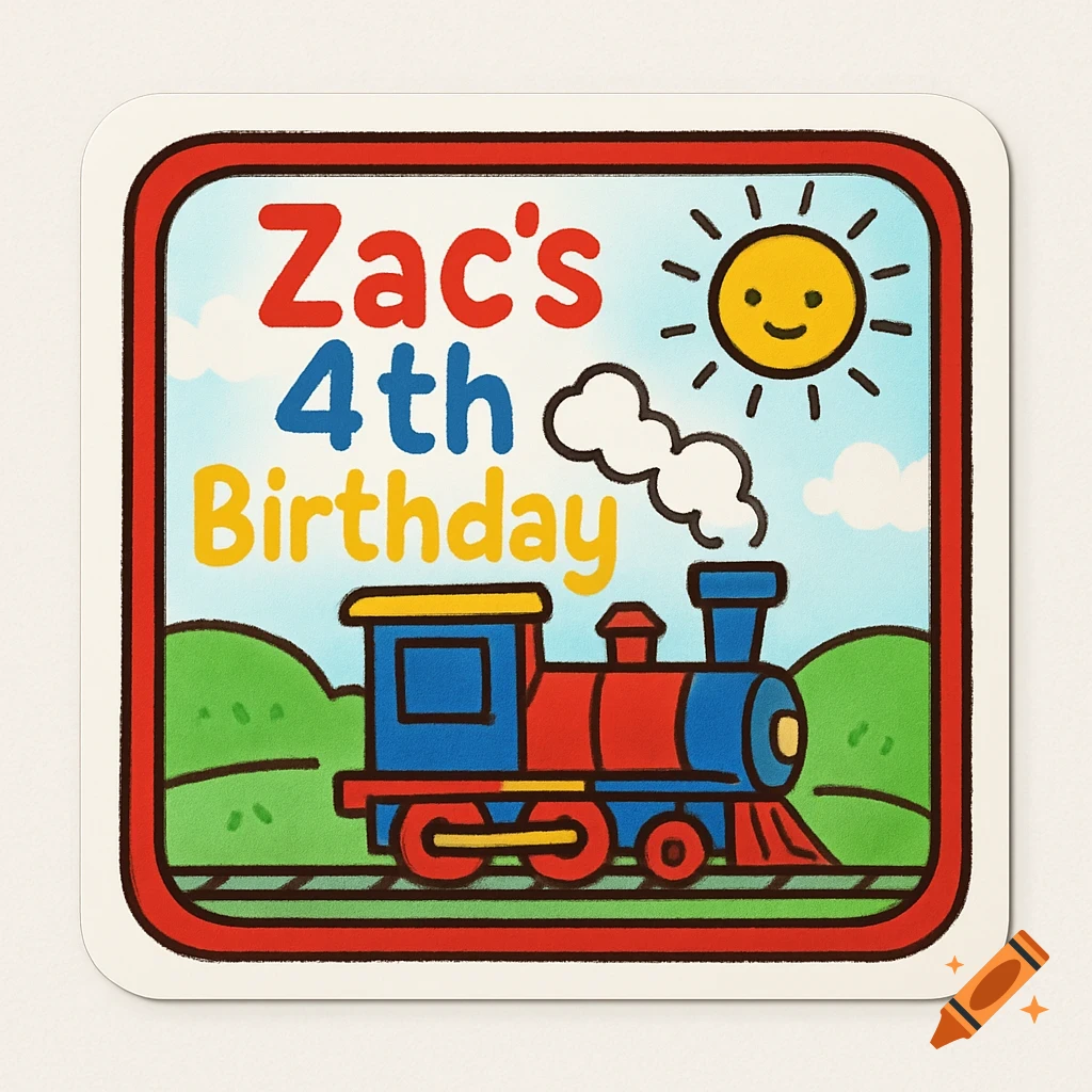 A cartoon sticker for Zac's 4th birthday featuring a red and blue train on tracks, green hills, and a smiling yellow sun, all framed in a red border.