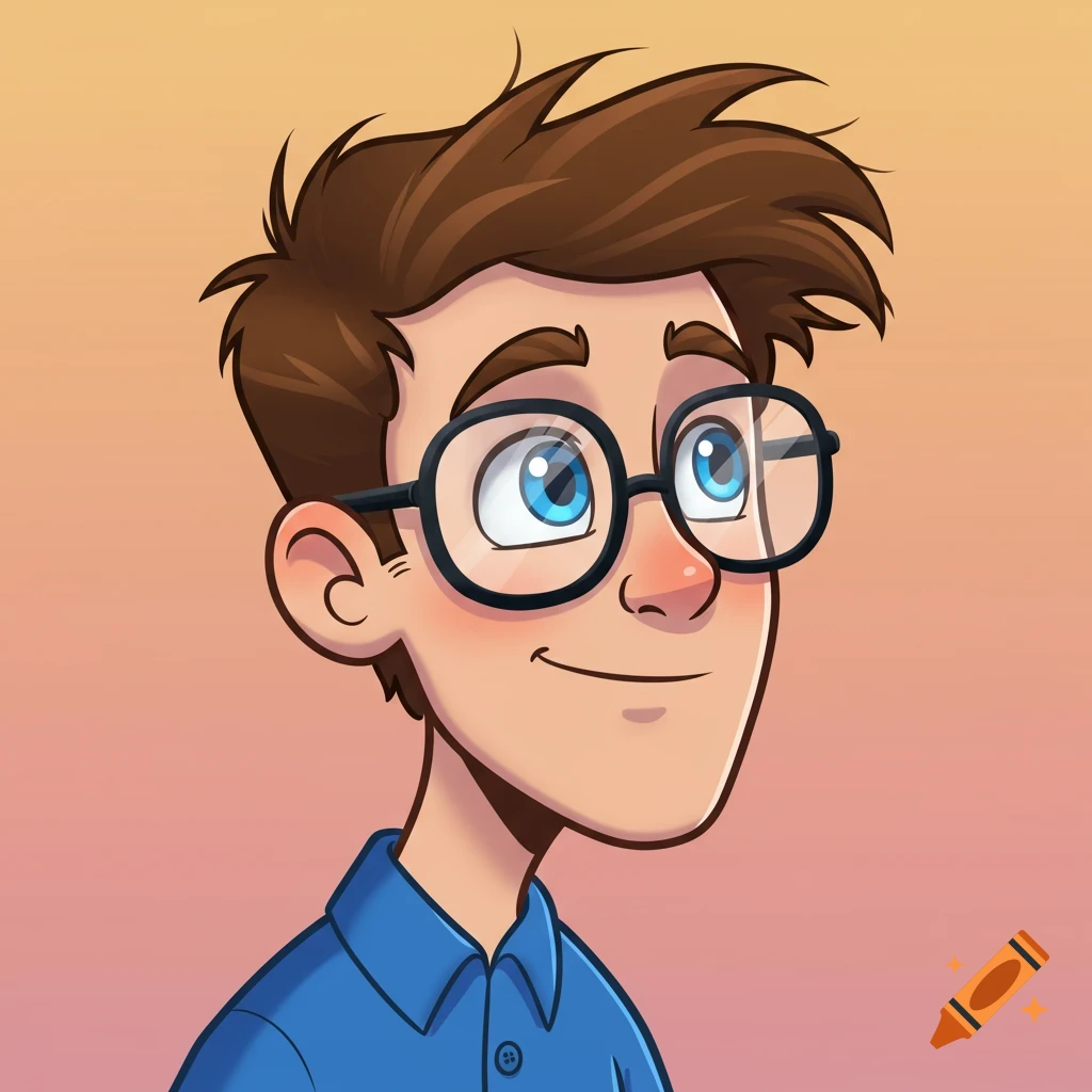 Cartoon portrait of a smiling young man with brown hair, blue eyes, and black-rimmed glasses, wearing a blue shirt.