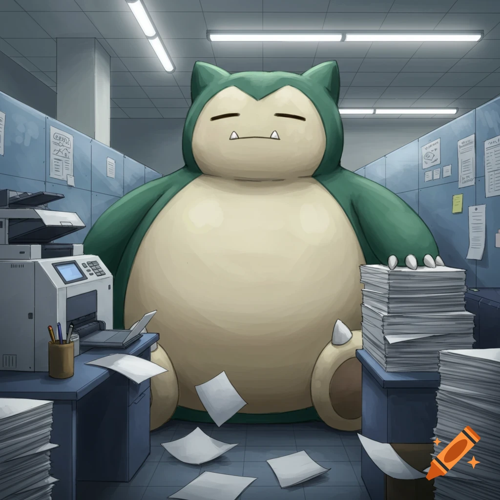 A large, sleepy Snorlax sits in a cubicle office, surrounded by stacks of paper and office equipment.