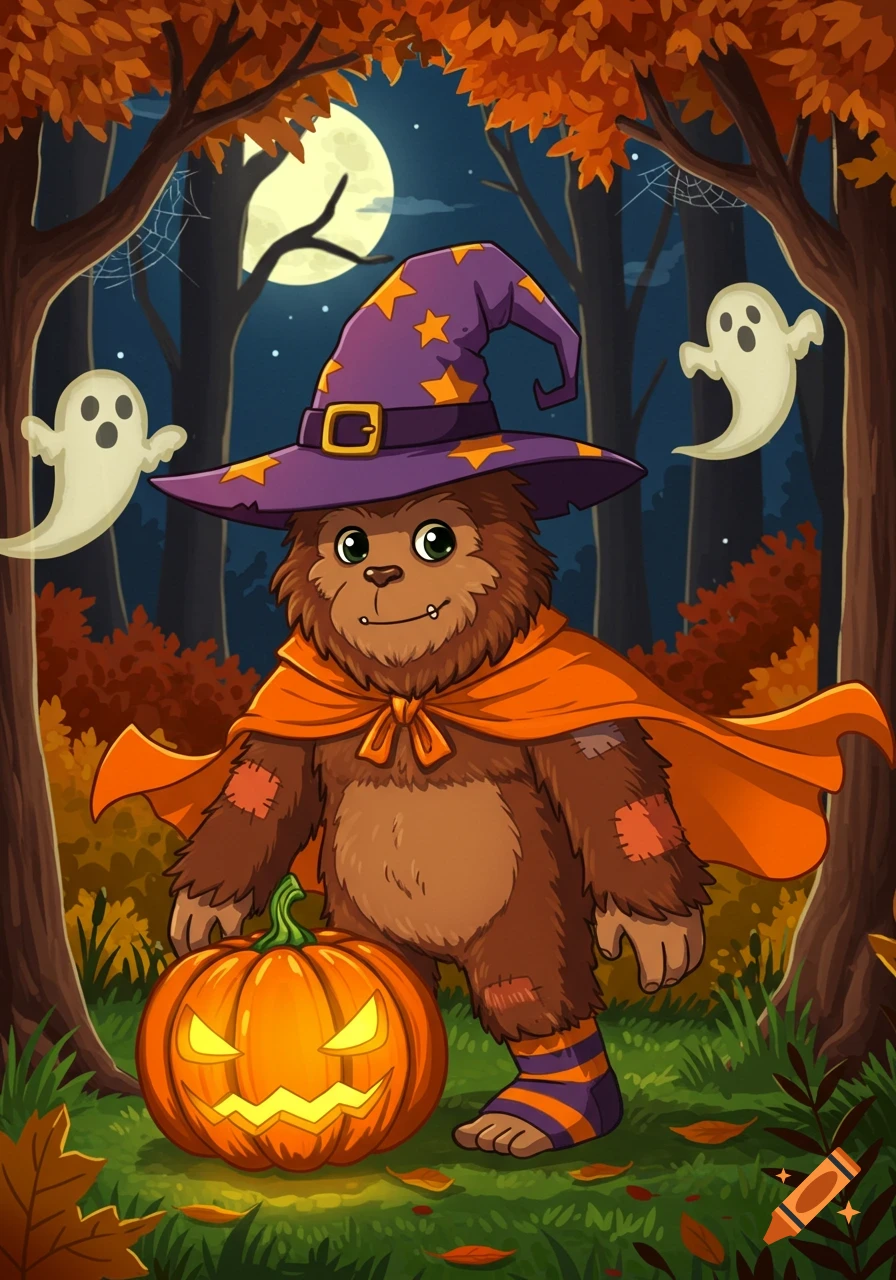 Cartoon Sasquatch in a witch hat and orange cape with a glowing jack-o'-lantern and ghosts in a spooky autumn forest under a full moon.