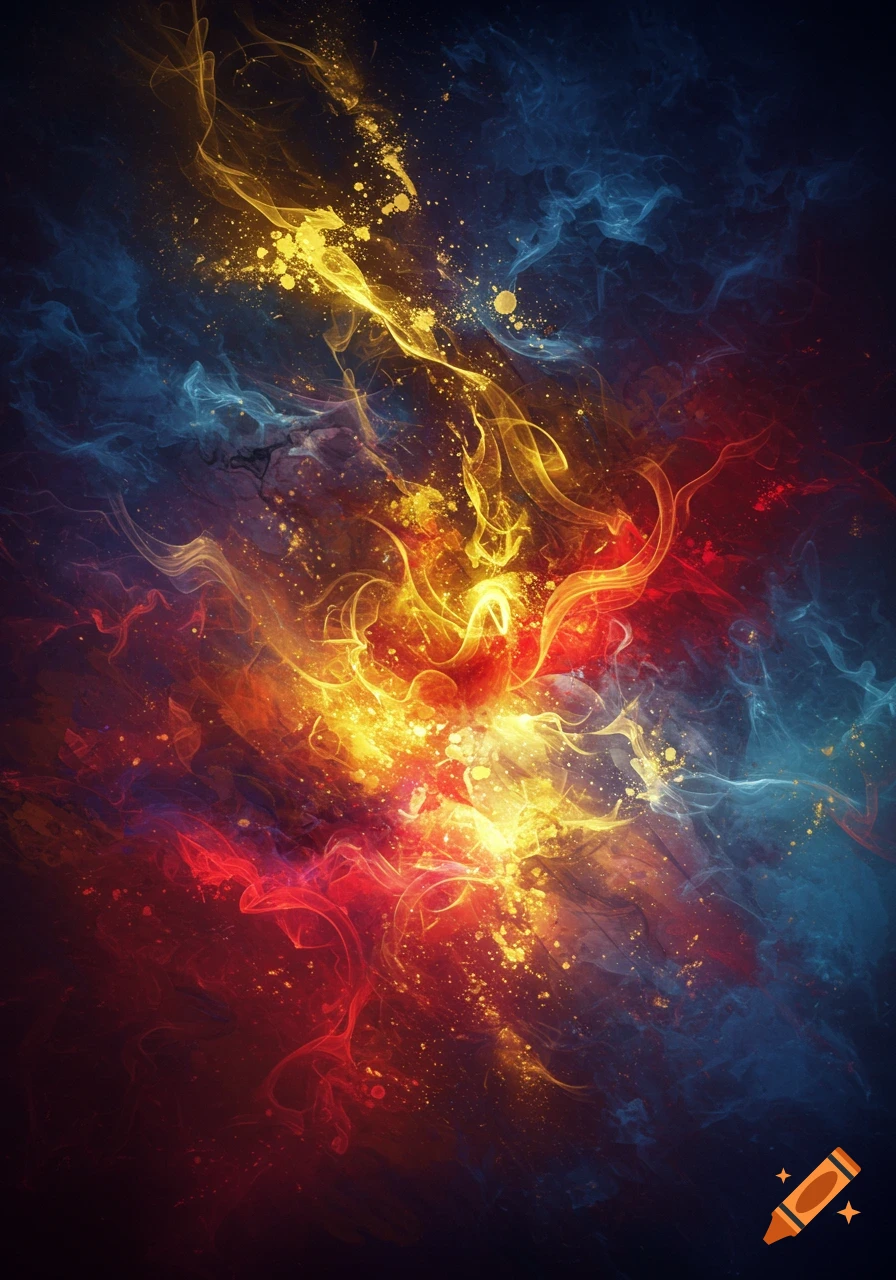 Dynamic abstract art of glowing yellow, orange, red, and blue smoke with sparkling particles on a dark background.