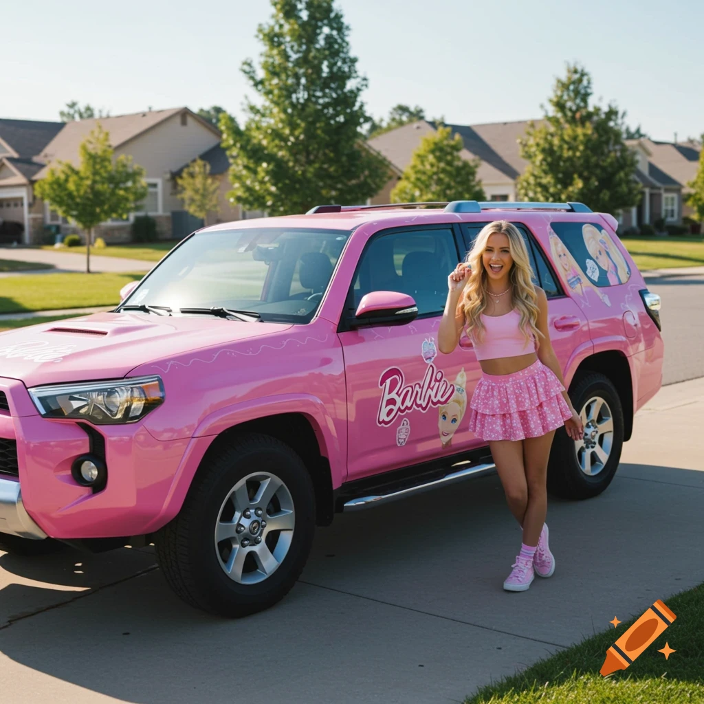 A smiling woman in a pink crop top and skirt poses beside a pink Toyota 4Runner with Barbie decals on a residential street.
