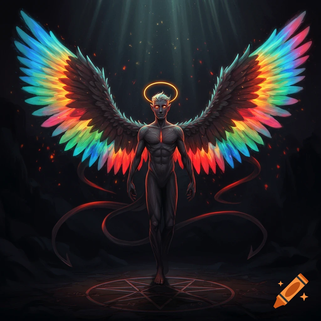A dark figure with a halo, red eyes, and large rainbow-colored wings stands in a dark, ethereal setting with a glowing pentagram on the ground.