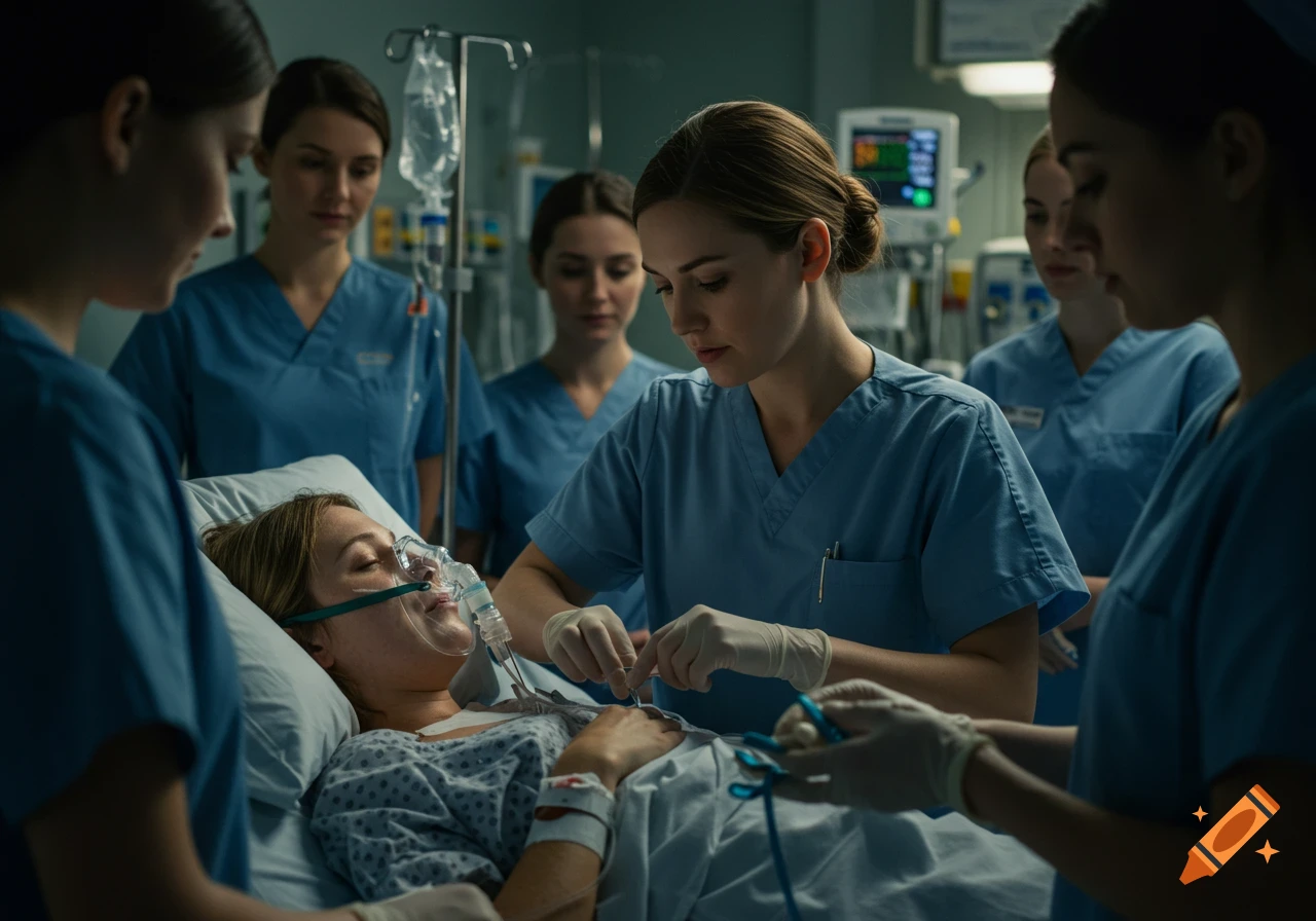 A patient in a hospital bed with an oxygen mask, surrounded by several female nurses in blue scrubs attending to her, in a dimly lit hospital room.