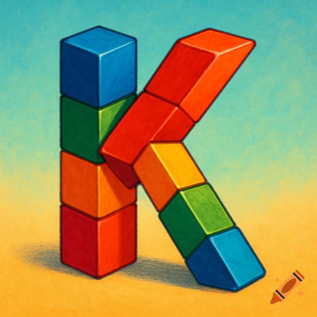 The letter K formed by colorful building blocks against a textured blue and yellow background.