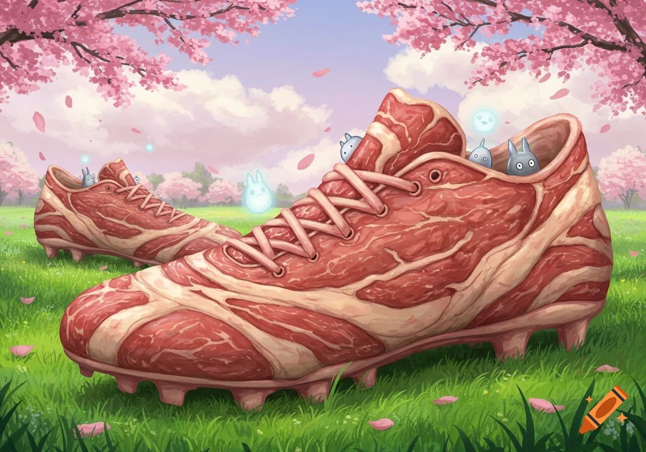Surreal image of two football cleats made of raw meat, sitting on a grassy field under cherry blossom trees with small Studio Ghibli-like sprites floating nearby.