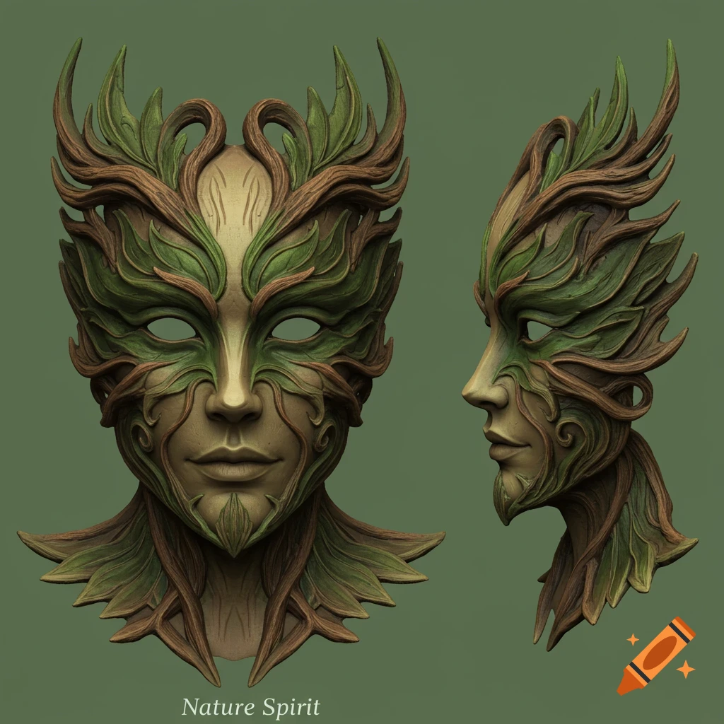 Two views of a fantasy mask crafted from green leaves and brown wood, styled as a nature spirit face.