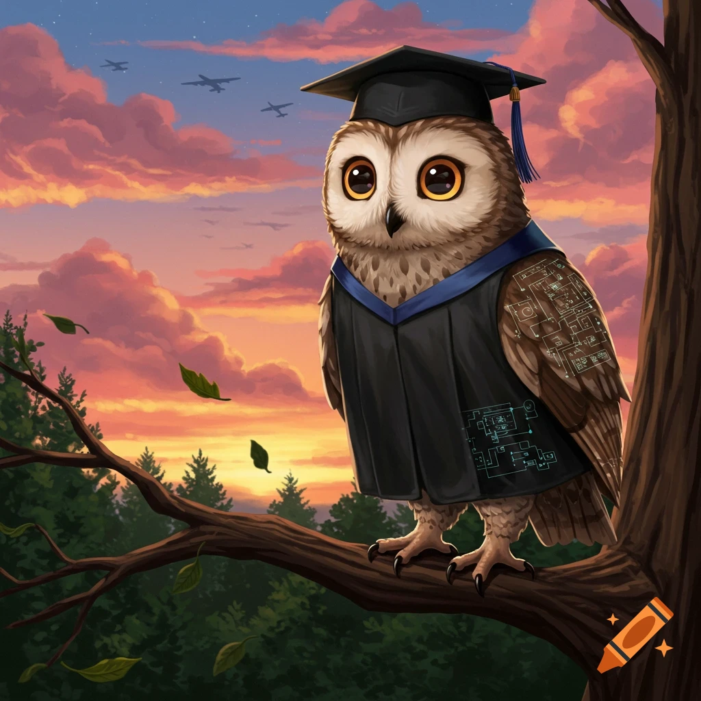 An illustrated owl wearing a graduation cap and gown with circuit patterns, sitting on a tree branch against a sunset sky with airplanes.