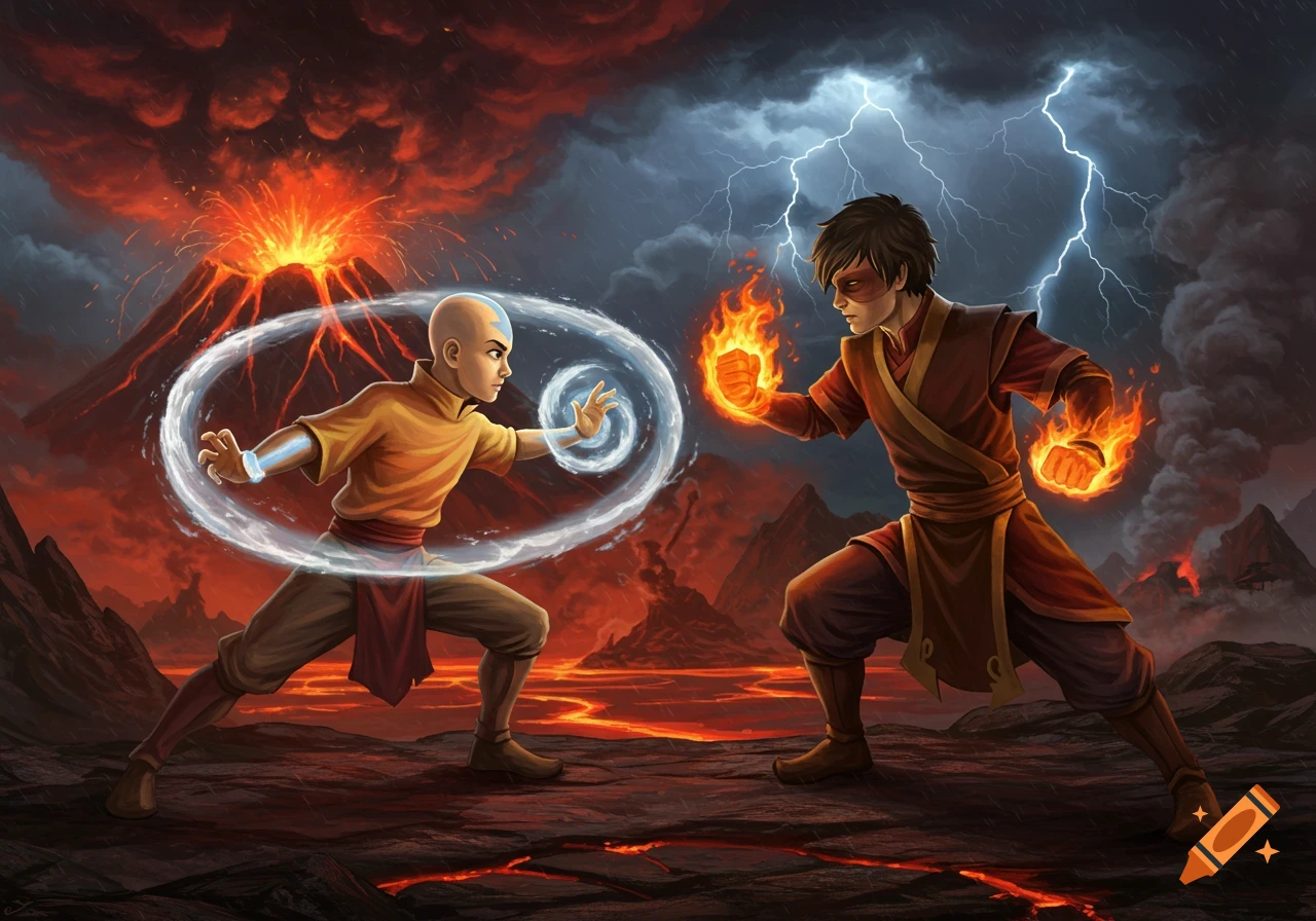Aang, surrounded by a swirl of water, and Zuko, hands aflame, battle in a volcanic landscape with lightning.