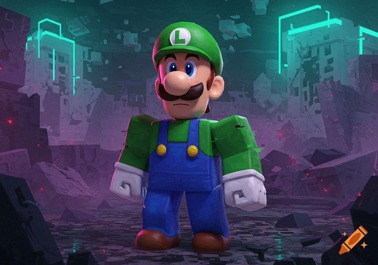 Luigi in a blocky Roblox art style stands in a dark, ruined city with neon blue structures.