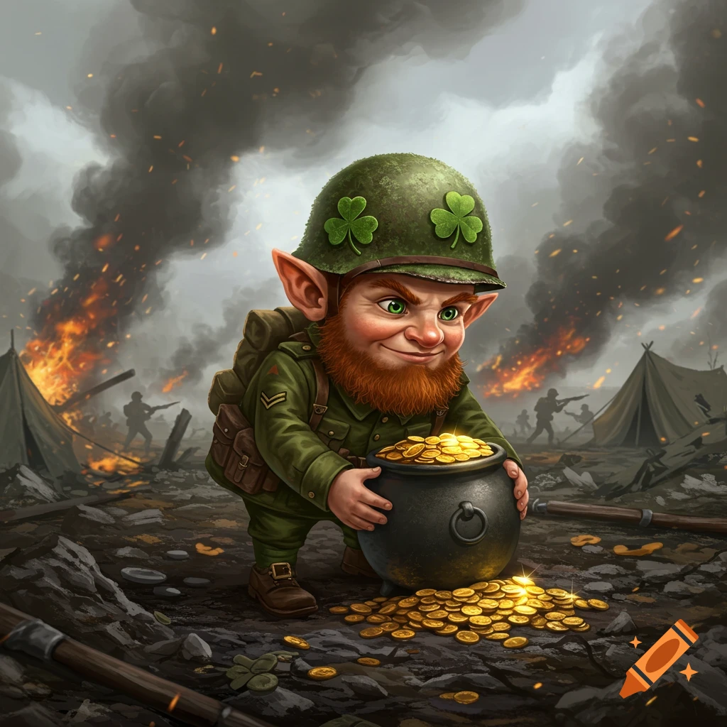 A stylized leprechaun in a WWII army helmet and uniform crouches with a pot of gold on a smoky battlefield, with fires and silhouetted soldiers in the background.