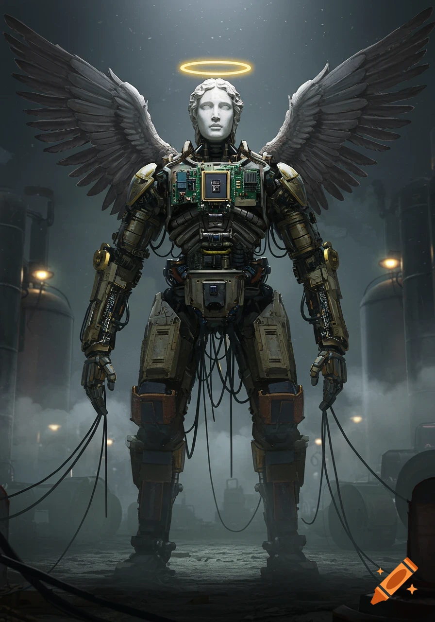 A tall mechanical robot with a marble angel face, wings, and a halo, made from computer parts and wires, stands in a foggy industrial setting.