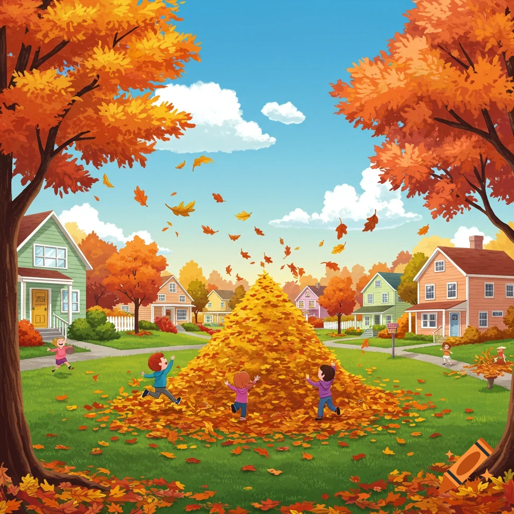 Cartoon scene of children playing in a large pile of autumn leaves in a suburban neighborhood with colorful trees under a blue sky.
