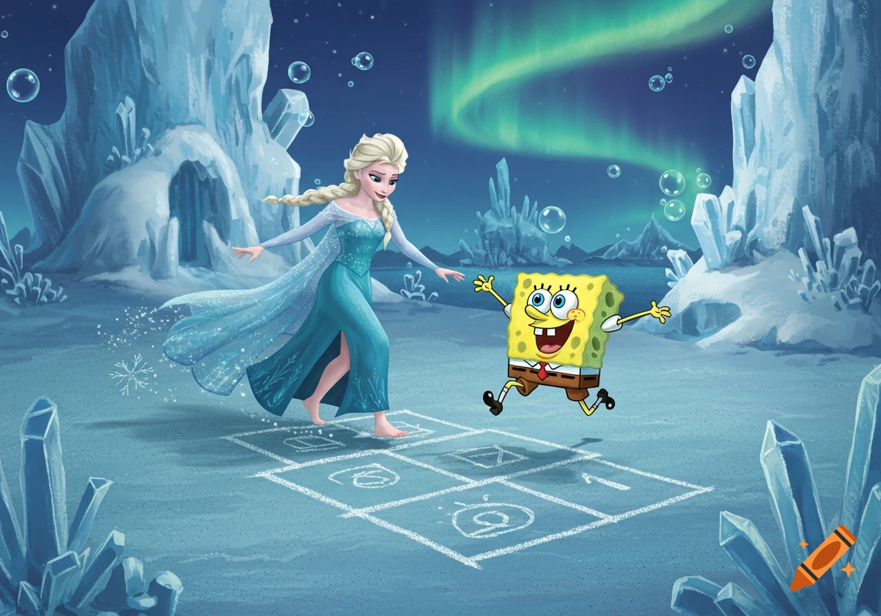 Elsa from Frozen and Spongebob Squarepants play hopscotch on icy ground with an aurora borealis and ice formations in the background, in a whimsical cartoon style.