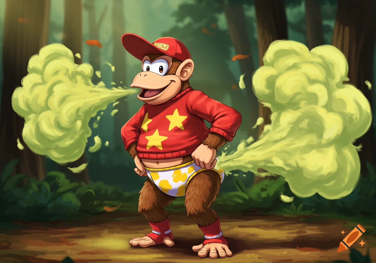 Cartoon Diddy Kong farting yellowish-green fumes, wearing a red sweater with stars and cow-print briefs, standing in a forest.