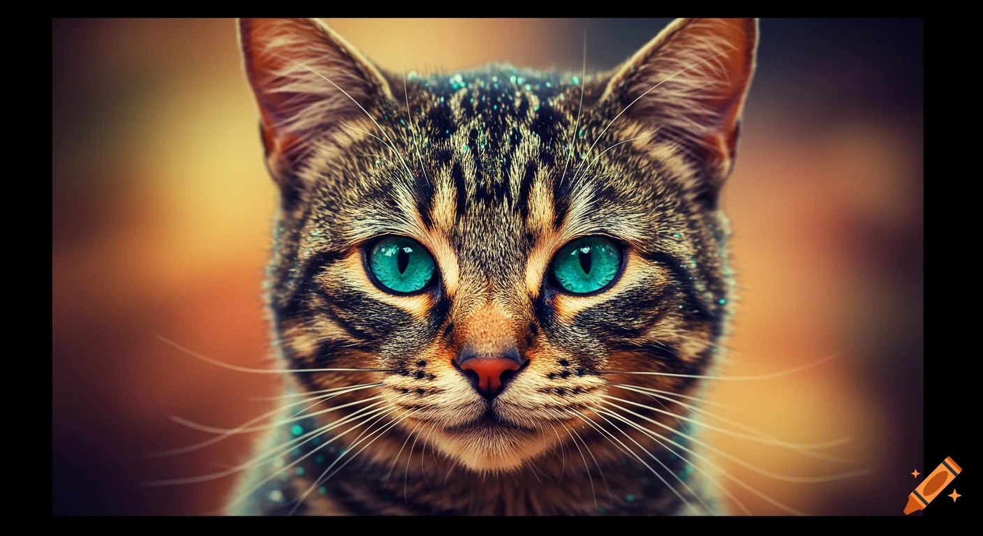 Close-up of a tabby cat's face with bright turquoise eyes, and sparkling flecks on its fur, on a blurred warm background.