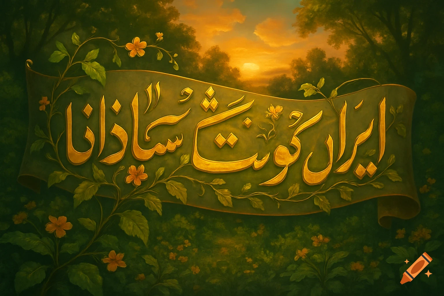 Golden Farsi script on a green banner, surrounded by lush foliage and orange flowers, against a sunset sky with trees.