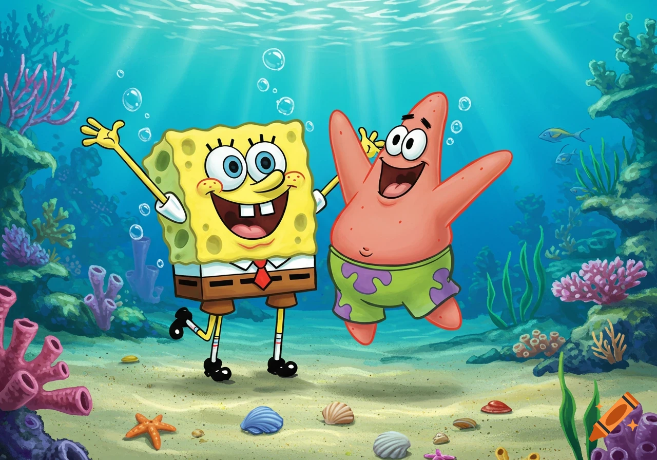 Spongebob Squarepants and Patrick Star joyfully float underwater amidst colorful coral, seashells, and small fish.