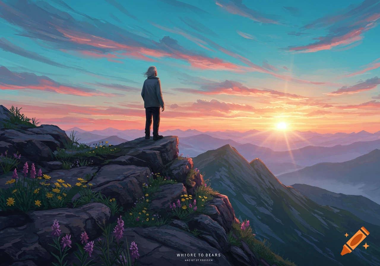 A person with long hair stands on a mountain peak, overlooking a vast mountain range at sunset, with a vibrant sky.