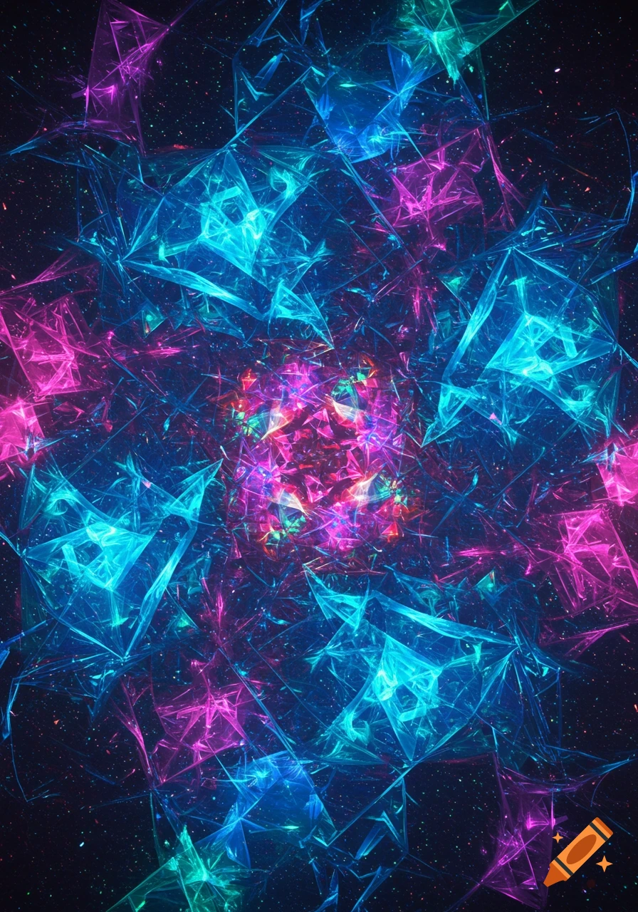 Abstract image of glowing blue, magenta, and purple geometric shards, resembling broken glass, against a dark, star-filled background.