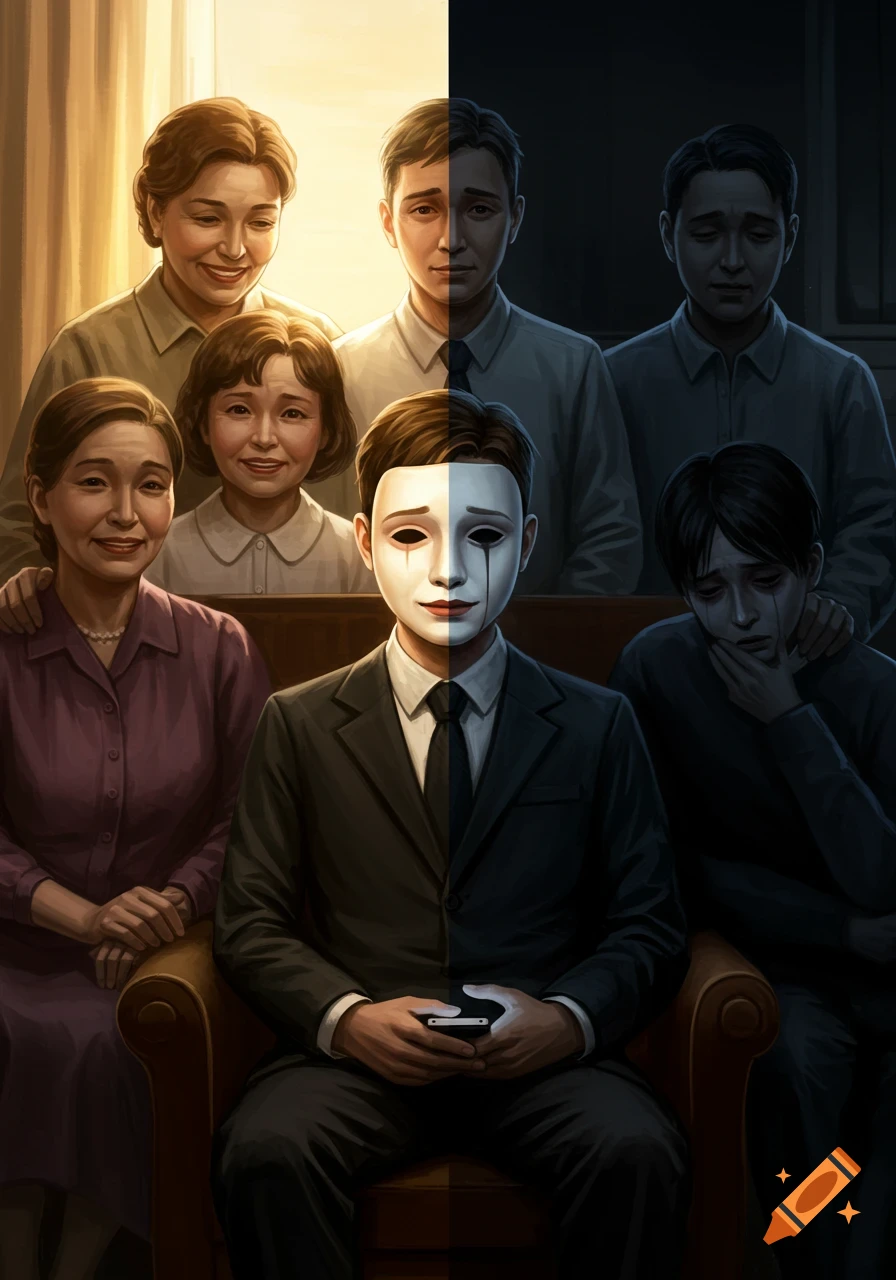 Illustration of a man in a mask showing duality, with a smiling family in light and a sad family in shadow.
