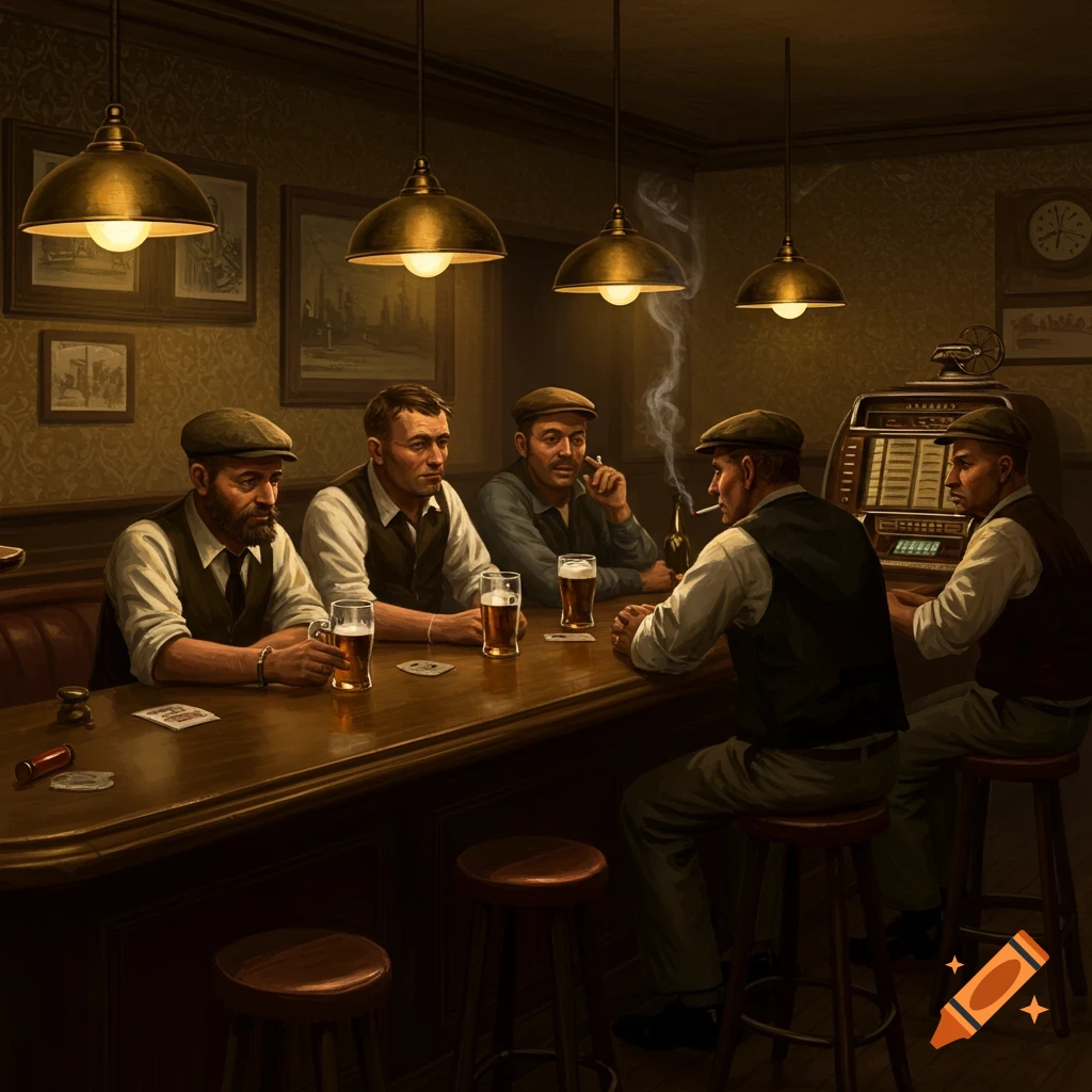 Five men in flat caps and vests sit around a dimly lit, old-fashioned bar, drinking beer, smoking, and talking.