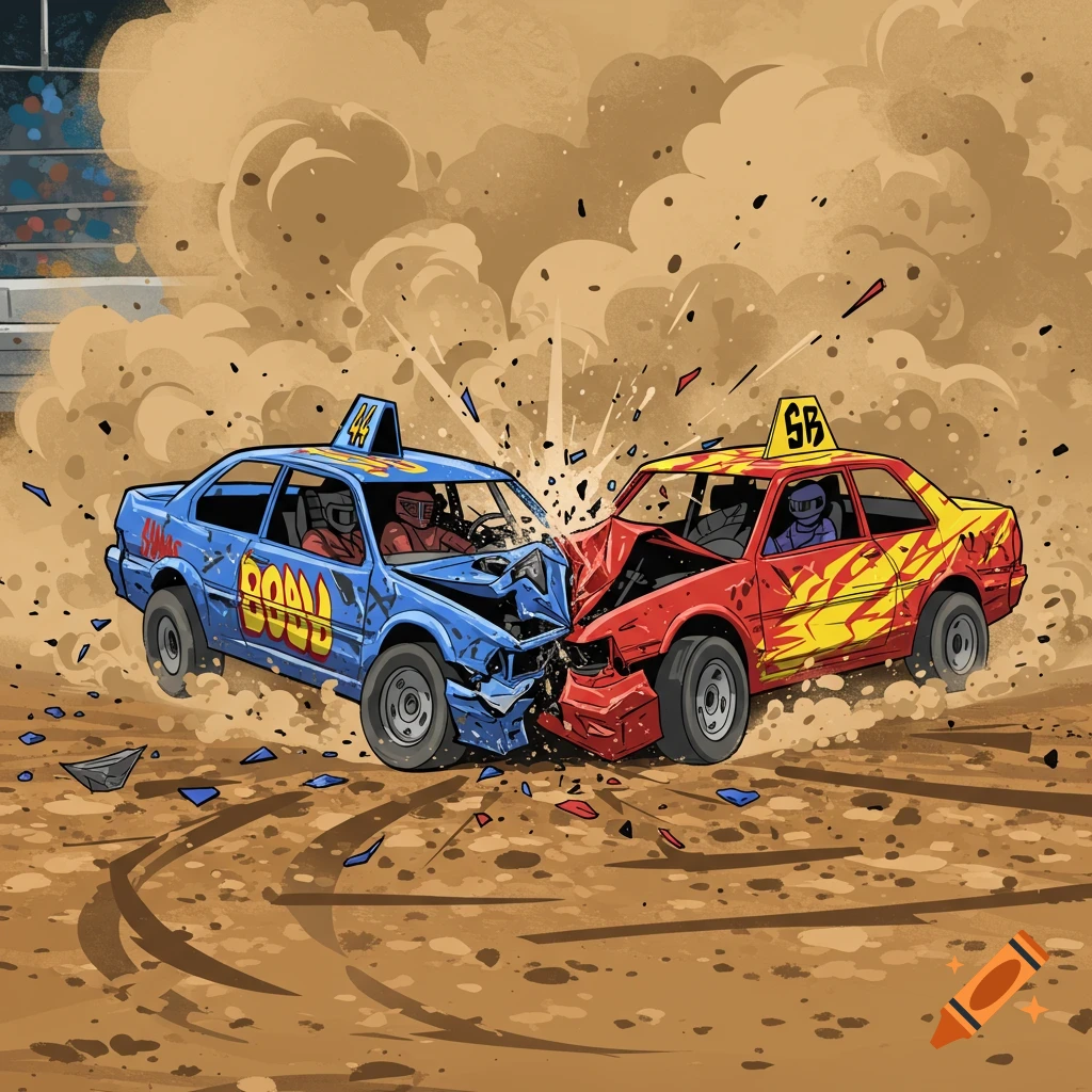 Vector art of two brightly colored demolition derby cars, blue and red, crashing head-on in a cloud of dust and debris on a dirt track.