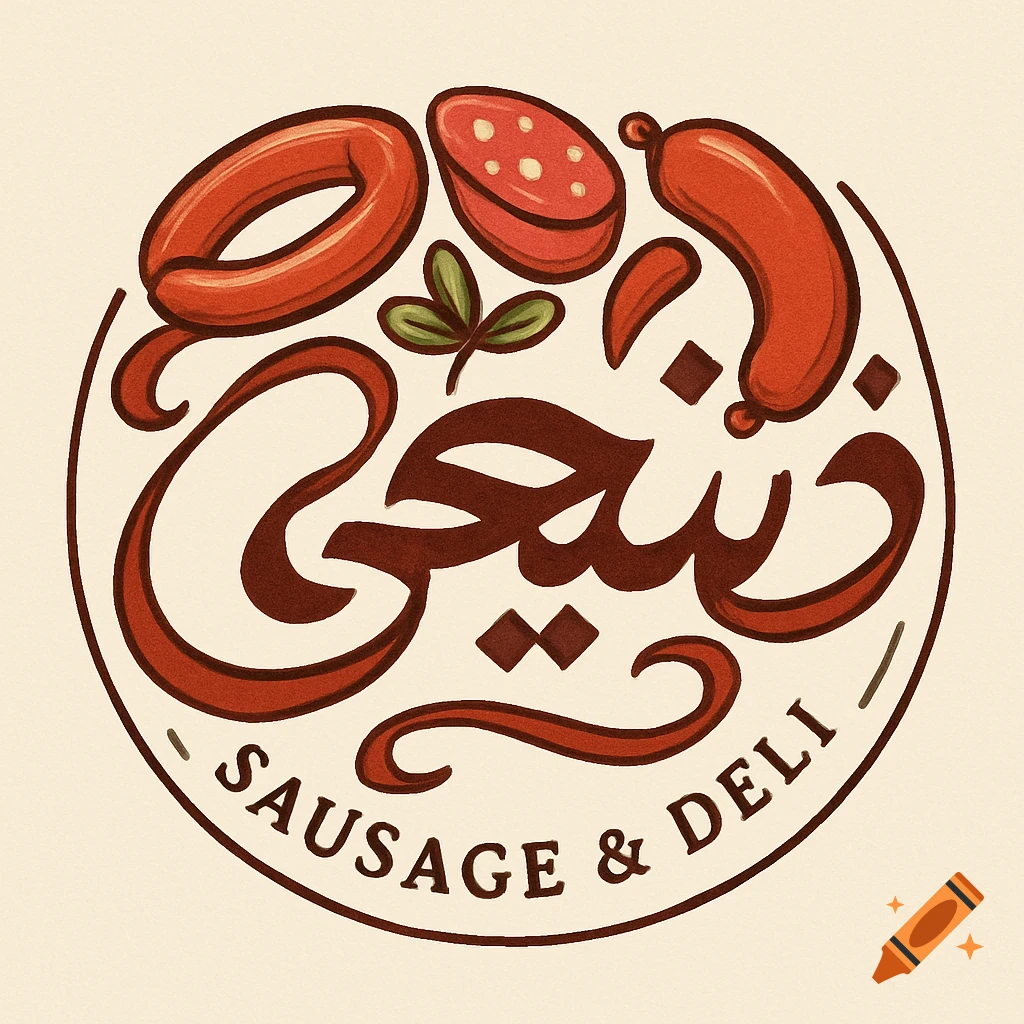 Circular logo for Zabīḥī Sausage & Deli, with illustrated sausages, meat, and green leaves.