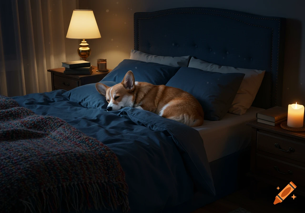 A corgi dog sleeps soundly on a dark blue bed in a dimly lit bedroom with a glowing bedside lamp and candle.