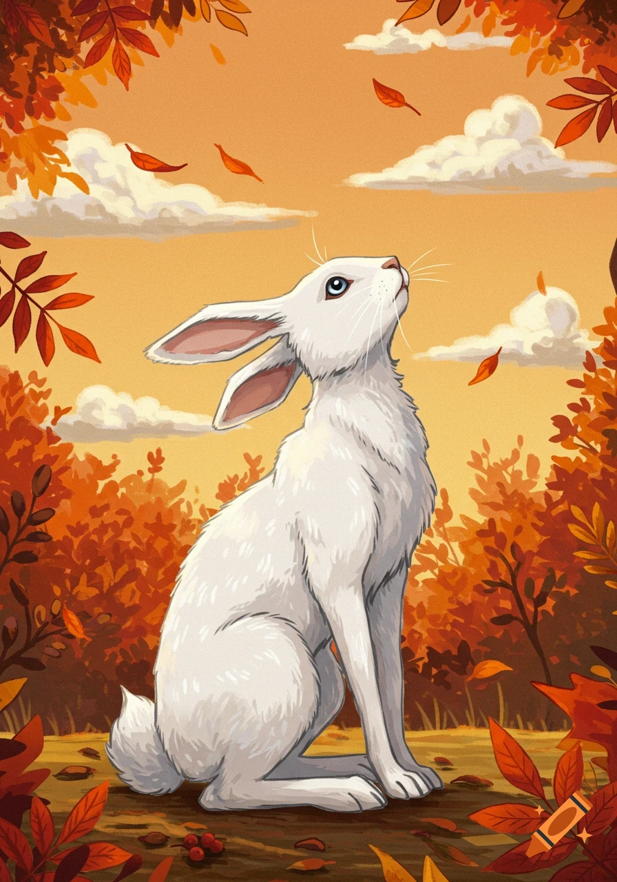 An illustrated white rabbit sits in an autumn forest, looking up at the orange sky with falling leaves.