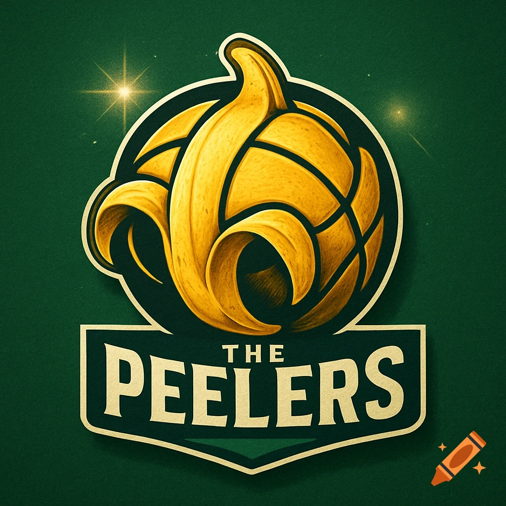A green and yellow sports logo featuring a banana peel shaped like a basketball, with the text 'THE PEELERS' on a shield below it.
