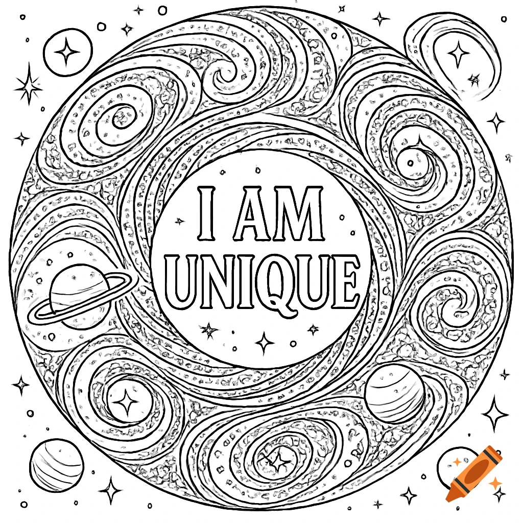 Black and white galaxy mandala coloring page with planets and stars, featuring the text 'I AM UNIQUE' in the center.