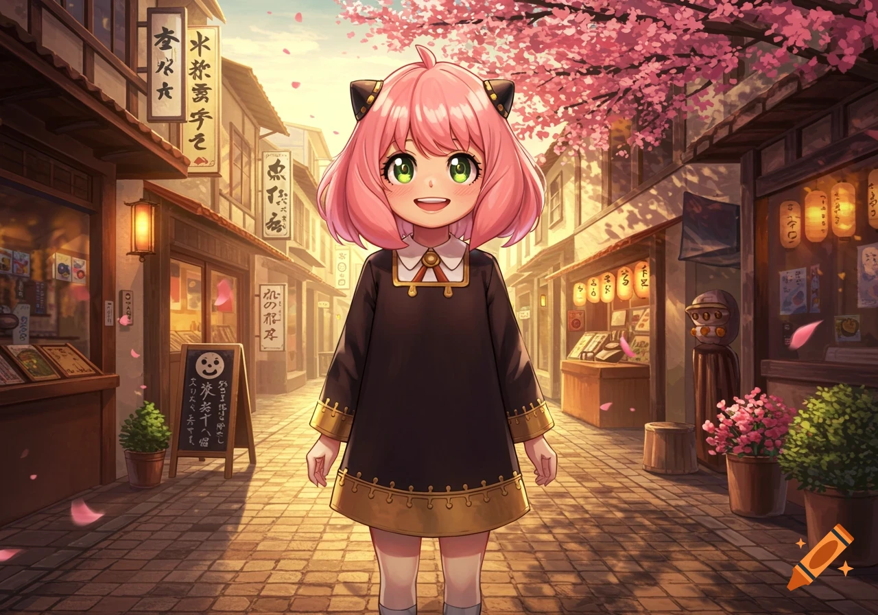 Anya Forger, an anime character with pink hair, smiles in a traditional Japanese street with cherry blossoms.