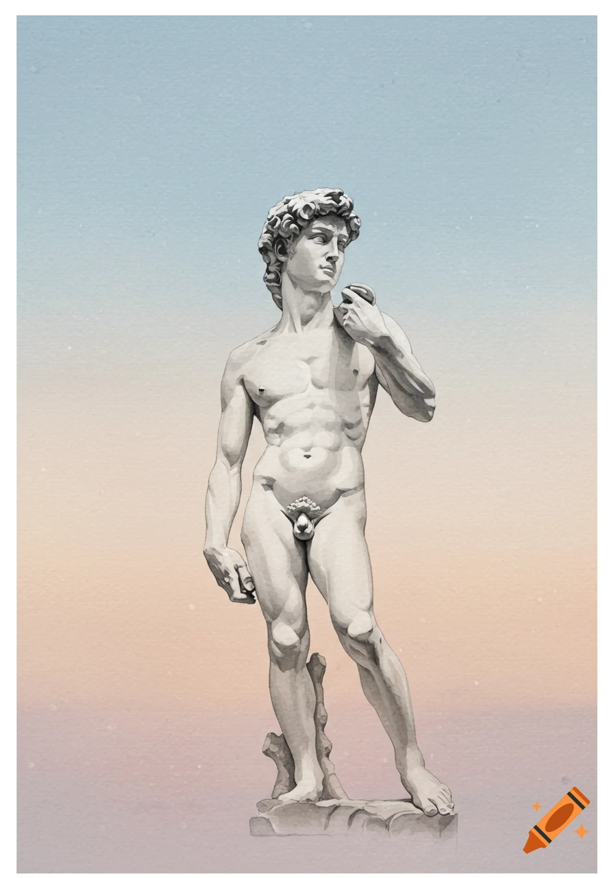 Watercolor illustration of Michelangelo's David statue against a faded blue and peach background.