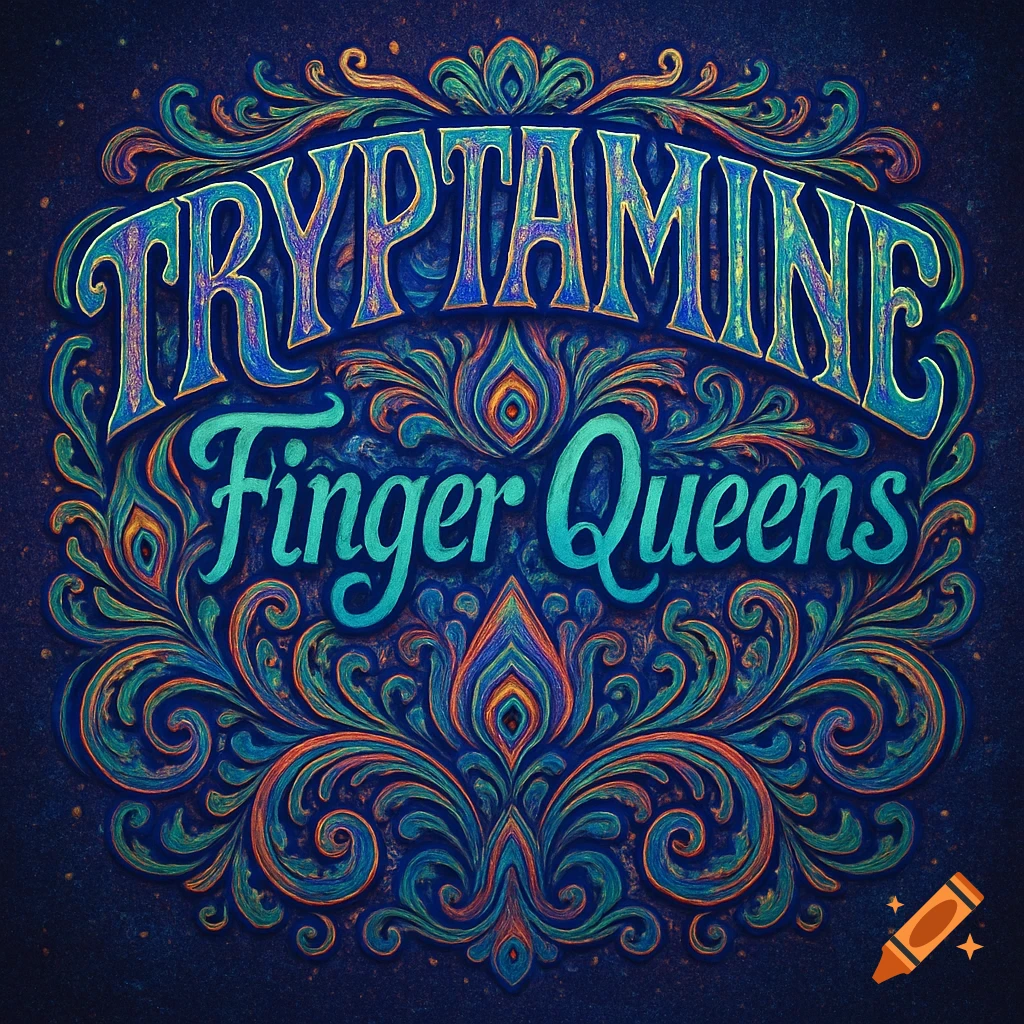 Ornate psychedelic logo with the words 'Tryptamine Finger Queens' in vibrant blue, teal, orange, and purple swirls and patterns on a dark background.