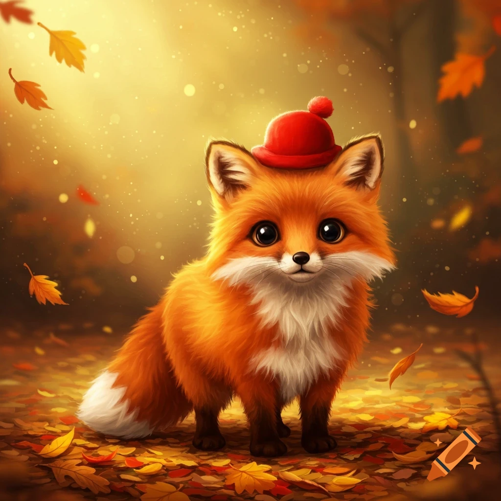 A cute, fluffy red fox wearing a small red hat stands amidst fallen autumn leaves in a glowing, magical forest.