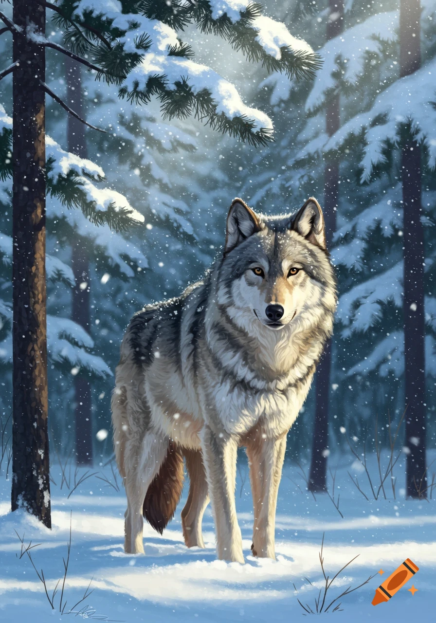 A detailed illustration of a timber wolf standing in a snowy pine forest, looking forward.