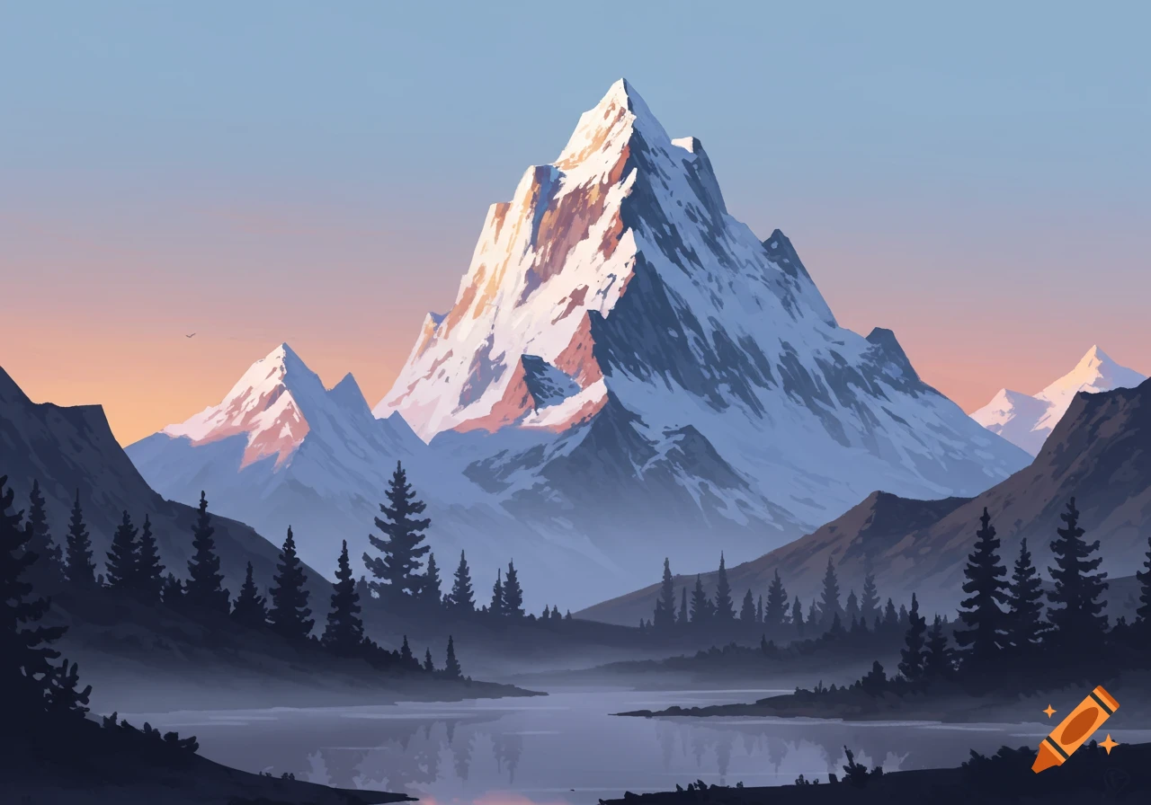 Stylized landscape of a majestic snow-capped mountain at sunrise, with a calm lake and pine forests.