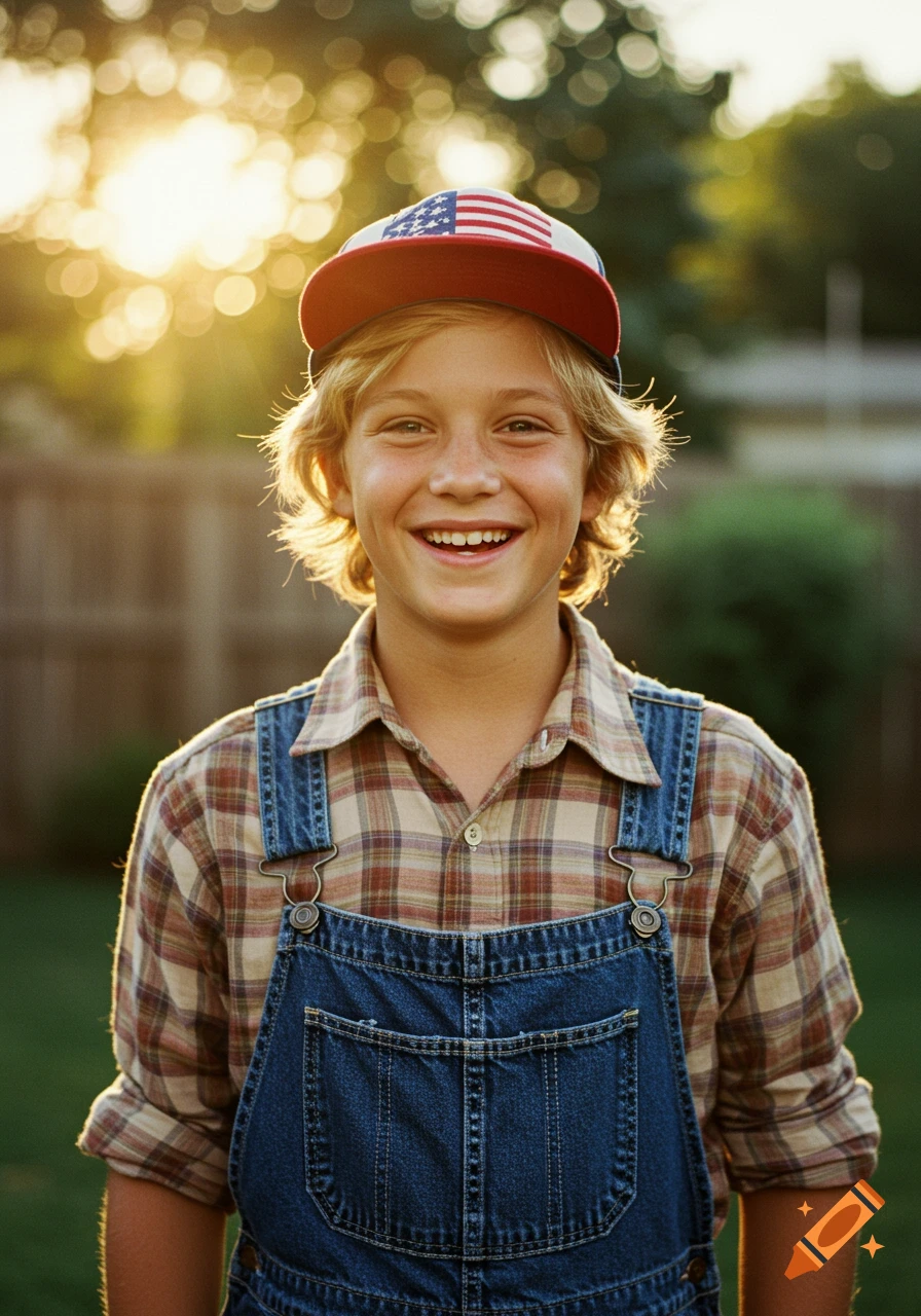 A joyful boy with blond hair and an American flag cap smiles in a sunlit backyard, wearing a plaid shirt and denim overalls.