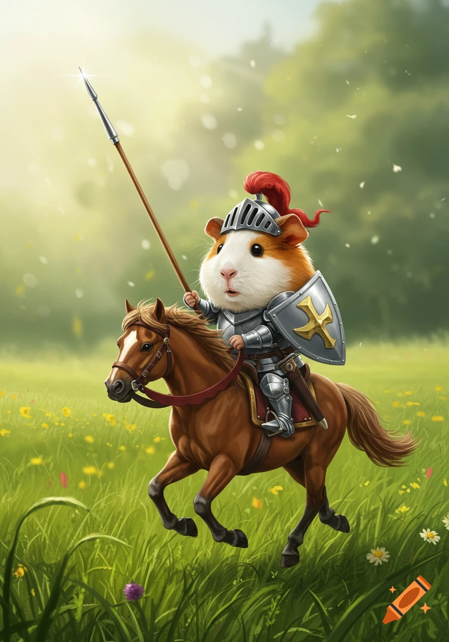 A cute guinea pig in full knight armor, holding a pike, rides a brown horse through a sunlit green field with wildflowers.