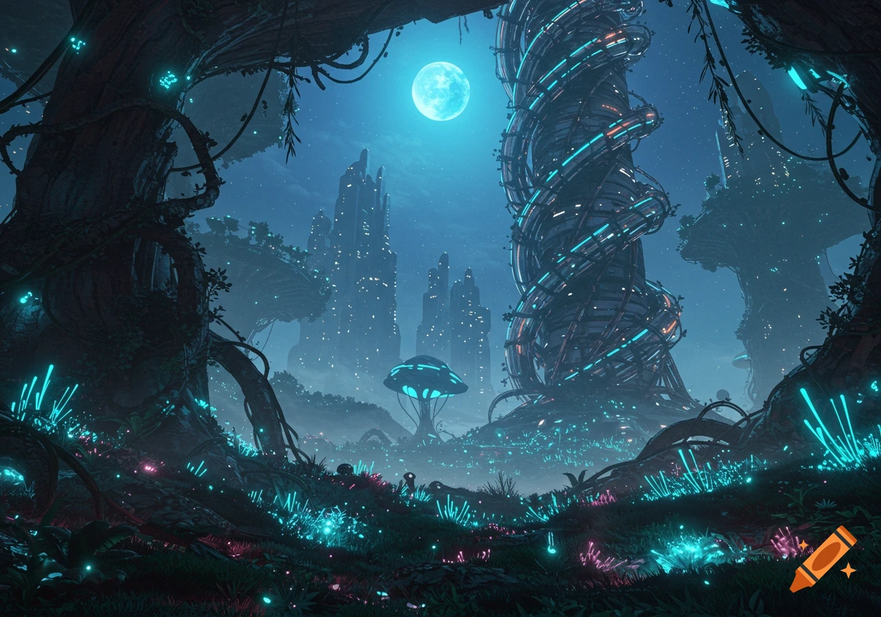 A vibrant, futuristic bioluminescent forest at night, with towering glowing structures and a bright full moon in a blue sky.